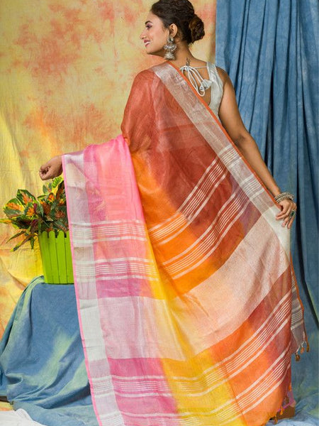 Multi Color Dye Handloom Linen Bhagalpuri Saree for women's - View 3