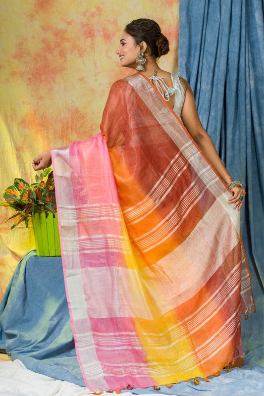 Multi Color Dye Handloom Linen Bhagalpuri Saree for women's - View 3