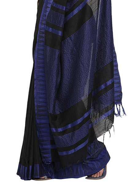 Bhagalpuri Handloom Katan Viscous Silk Temple Border Saree Ethnic Wear With Running Unstitched Striped Blouse Piece - View 4