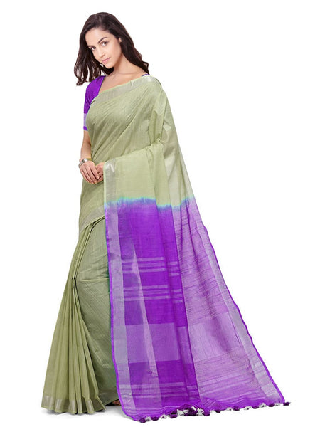 Saplin Tan & French Violet women's Bhagalpuri Handloom Pure Cotton Two Dye Saree With Running Unstitched Blouse Piece - View 2