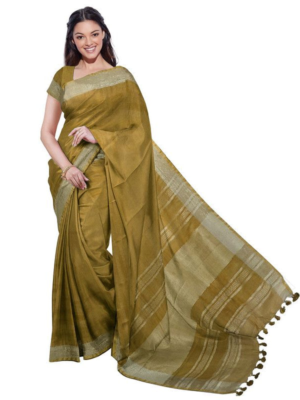 Olive Green & Quinacridone Magenta women's Bhagalpuri Handloom Cotton-Linen Blend Saree Combo (Pack Of 2) With Running Unstiched Blouse Piece - View 3