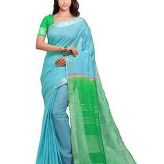 Cyan & Honerdew Green women's Bhagalpuri Handloom Linen Slub Blend Two Dye Saree With Running Unstitched Blouse Piece