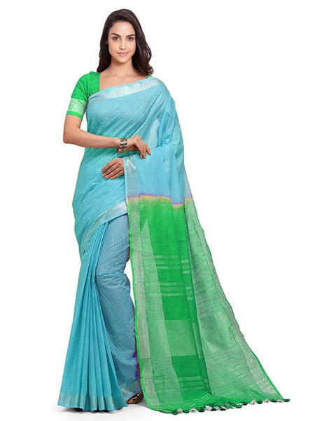 Cyan & Honerdew Green women's Bhagalpuri Handloom Linen Slub Blend Two Dye Saree With Running Unstitched Blouse Piece