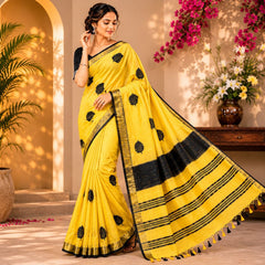 Handwoven Bhagalpuri Linen Blend Embroidered Saree With Contrast Blouse Piece(Yellow_Black) - View 3