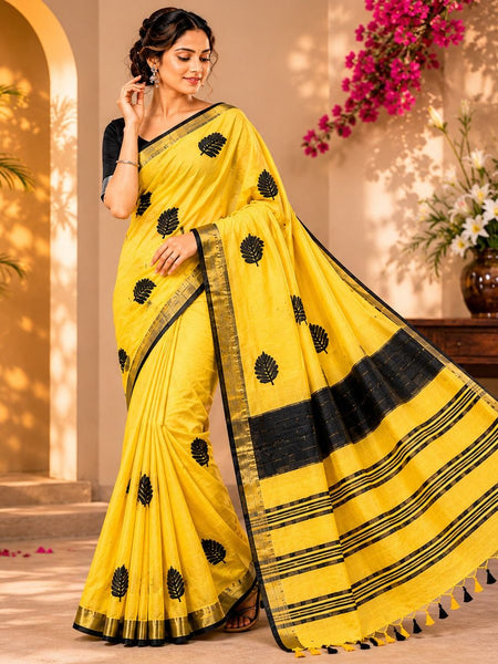 Handwoven Bhagalpuri Linen Blend Embroidered Saree With Contrast Blouse Piece(Yellow_Black) - View 3