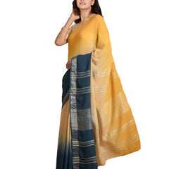 Sunglow Yellow & Cerulean Blue women's Bhagalpuri Handloom Linen Slub Blend Two Dye Saree With Running Unstitched Blouse Piece - View 4