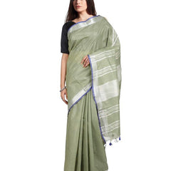 Pistachio Green women's Bhagalpuri Handloom Linen-Slub Saree With Contrast Blouse Piece