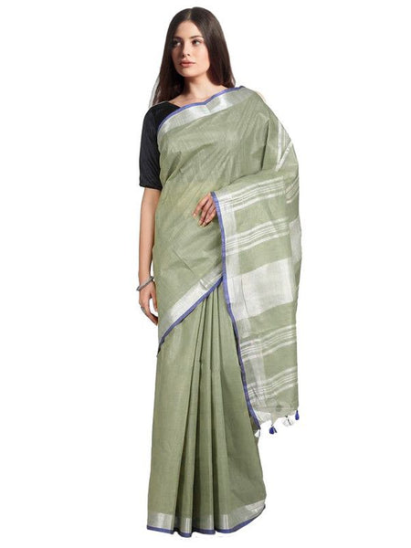 Pistachio Green women's Bhagalpuri Handloom Linen-Slub Saree With Contrast Blouse Piece