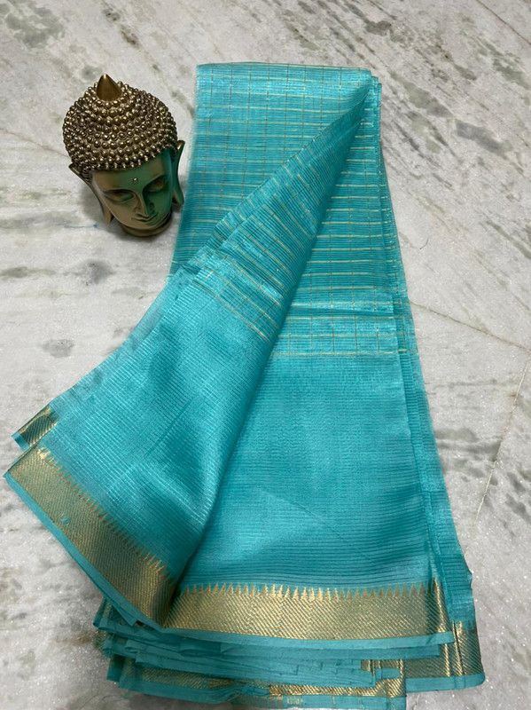 Bhagalpuri Handloom Cotton Silk Check Half Body Saree for women's (Cyan)