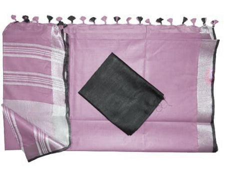 Bhagalpuri Blend Linen Saree With Black Pipin Contrast Blouse Piece