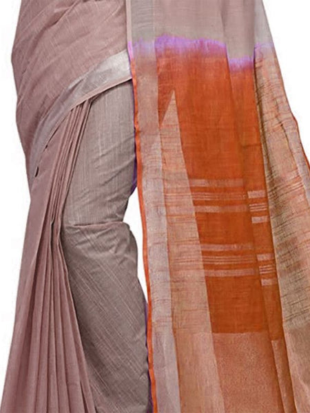 Whiskey Tan & Mohangni Orange women's Bhagalpuri Handloom Pure Cotton Two Dye Saree With Running Unstitched Blouse Piece - View 3