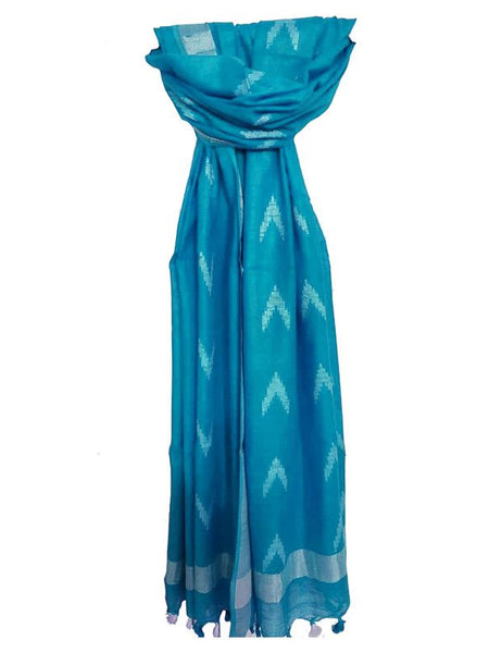 Linen Cotton Blend Zari Weaving Handloom Ikkat Dupatta (12014 Cyan)