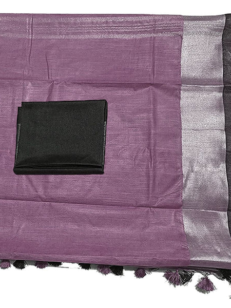 Mounatbatten Pink Bhagalpuri Handloom Linen Slub Blend Saree With Black Contrast Blouse Piece - View 3