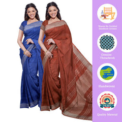 Cobalt Blue & Sienna Orange women's Bhagalpuri Handloom Cotton-Linen Blend Saree Combo (Pack Of 2) With Running Unstiched Blouse Piece - View 2