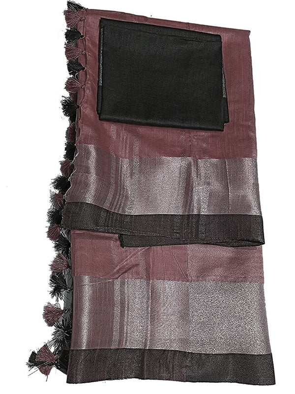 Redwood Brown Bhagalpuri Handloom  Linen Slub Blend Saree With Black Pipin Contrast Blouse Piece - View 2