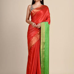 Munga Tussar Silk Blend Handloom Two Dye Saree with Blouse Piece(Red & Kelly_Green)