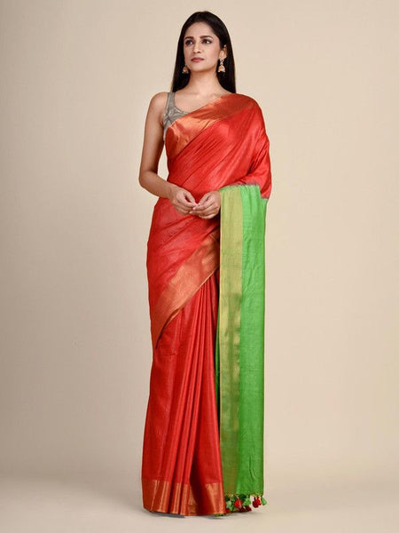 Munga Tussar Silk Blend Handloom Two Dye Saree with Blouse Piece(Red & Kelly_Green)