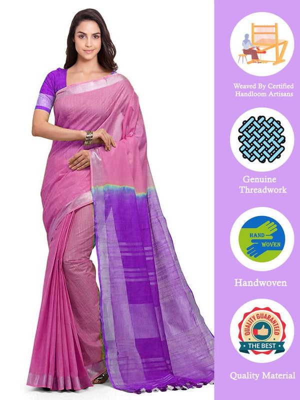 Blush Pink & French Violet women's Handloom Bhagalpuri Cotton Linen Blend Two Dye Saree With Running Unstitched Blouse Piece - View 2