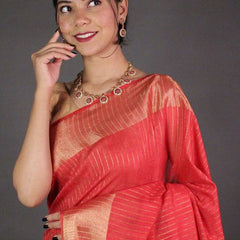 Striped Red Bhagalpuri Silk Saree with Gold Zari Border  & Sequin Pallu - View 5