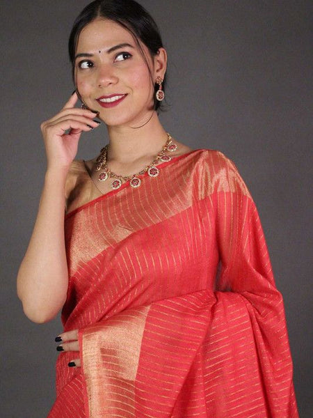 Striped Red Bhagalpuri Silk Saree with Gold Zari Border  & Sequin Pallu - View 5