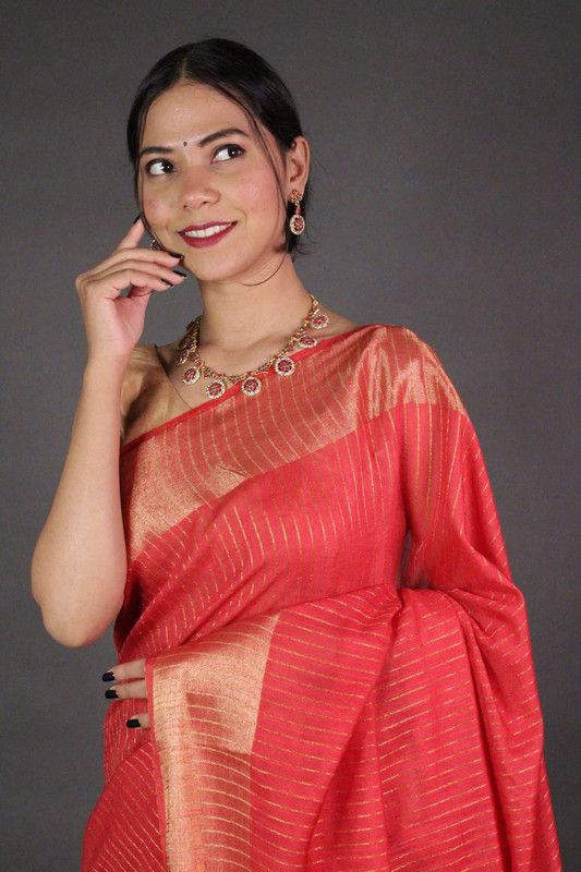 Striped Red Bhagalpuri Silk Saree with Gold Zari Border  & Sequin Pallu - View 5
