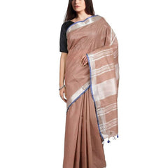 Women's Bhagalpuri Handloom Linen-Slub Saree With Contrast Blouse Piece (Sugar_Brown-Blue)