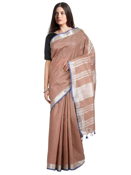 Women's Bhagalpuri Handloom Linen-Slub Saree With Contrast Blouse Piece (Sugar_Brown-Blue)