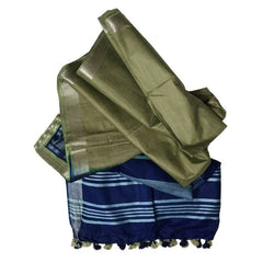 Royal Blue & Khaki Tan women's Bhagalpuri Ethnic Wear Handloom Cotton Linen Slub Blend Zari Border Two Dye Saree With Running Unstitched Blouse Piece - View 7