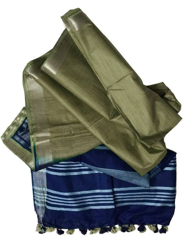 Royal Blue & Khaki Tan women's Bhagalpuri Ethnic Wear Handloom Cotton Linen Slub Blend Zari Border Two Dye Saree With Running Unstitched Blouse Piece - View 7