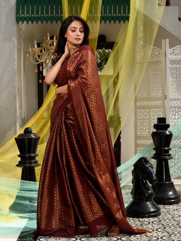 Maroon Red Cotton Tissue Silk Designer Handloom Bhagalpuri Saree - View 4
