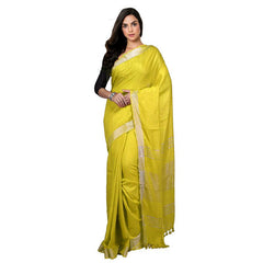 Lemon Yellow Bhagalpuri women's Handloom Linen Cotton Ethnic Wear Saree With Running Unstitched Blouse Piece