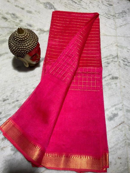 Bhagalpuri Handloom Cotton Silk Check Half Body Saree for women's (Razzmatazz_Pink)