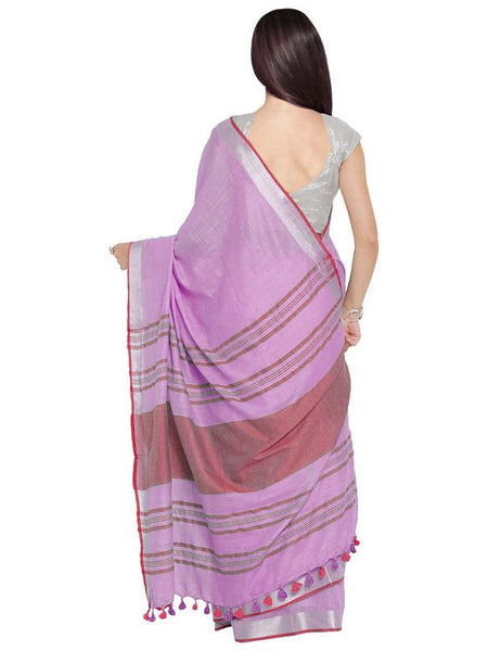 Lavender Pink-Pink women's Bhagalpuri Handloom Cotton Linen Blend Contrast Pallu Saree And Unstitched Contrast Blouse Piece - View 4