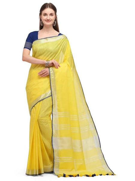 Handloom Linen Cotton Blend Contrast Bhagalpuri Saree for Women (Canary_Yellow-Blue)