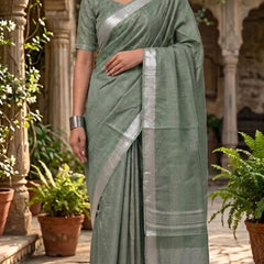 Bhagalpuri Handwoven Cotton-Linen Blend Saree With Running Blouse Piece(Sage Green) - View 2