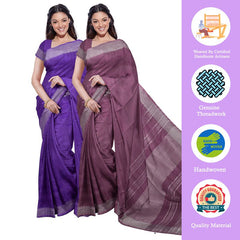 French Violet & Quinacridone Magenta women's Bhagalpuri Handloom Cotton-Linen Blend Saree Combo (Pack Of 2) With Running Unstiched Blouse Piece