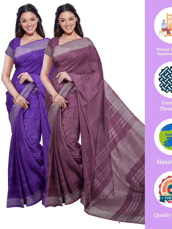 French Violet & Quinacridone Magenta women's Bhagalpuri Handloom Cotton-Linen Blend Saree Combo (Pack Of 2) With Running Unstiched Blouse Piece