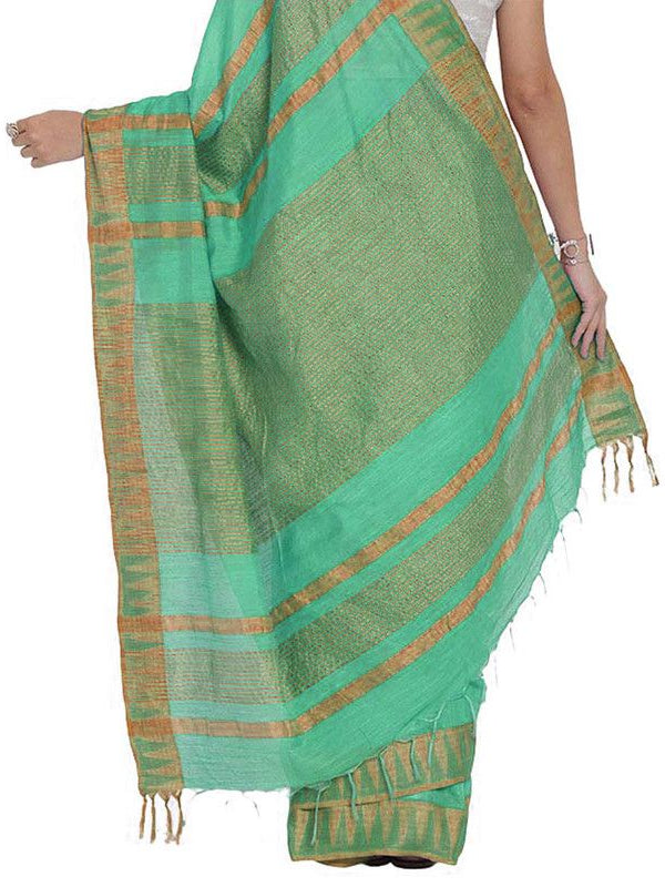 Paris Green women's Bhagalpuri Handloom Kota Silk Temple Border Saree And Variation Of Colors With Striped Blouse Piece - View 2
