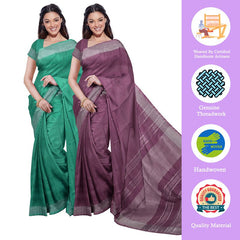 Mint Green & Quinacridone Magenta women's Bhagalpuri Handloom Cotton-Linen Blend Saree Combo (Pack Of 2) With Running Unstiched Blouse Piece - View 2