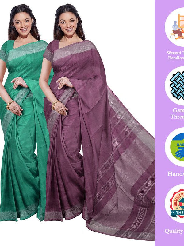 Mint Green & Quinacridone Magenta women's Bhagalpuri Handloom Cotton-Linen Blend Saree Combo (Pack Of 2) With Running Unstiched Blouse Piece - View 2
