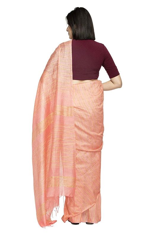 Bollywood Kota Silk Striped Handloom Apricot Orange Saree - View 5