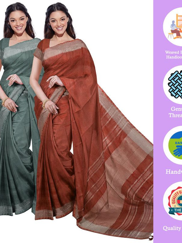 Hookers' Green & Sienna Orange women's Bhagalpuri Handloom Cotton-Linen Blend Saree Combo (Pack Of 2) With Running Unstiched Blouse Piece - View 2