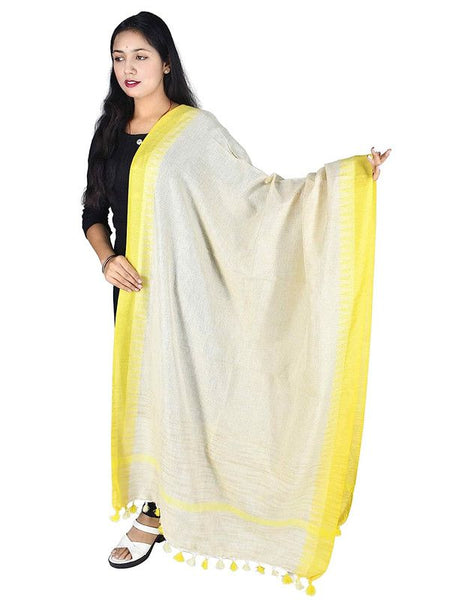 Temple Border Handloom Linen Bhagalpuri Dupatta (Canary Yellow) - View 2