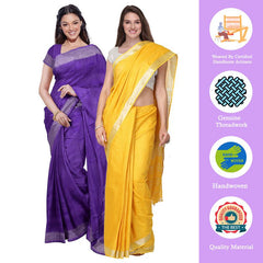 French Violet & Yellow women's Bhagalpuri Handloom Cotton-Linen Blend Saree Combo (Pack Of 2) With Running Unstiched Blouse Piece - View 2