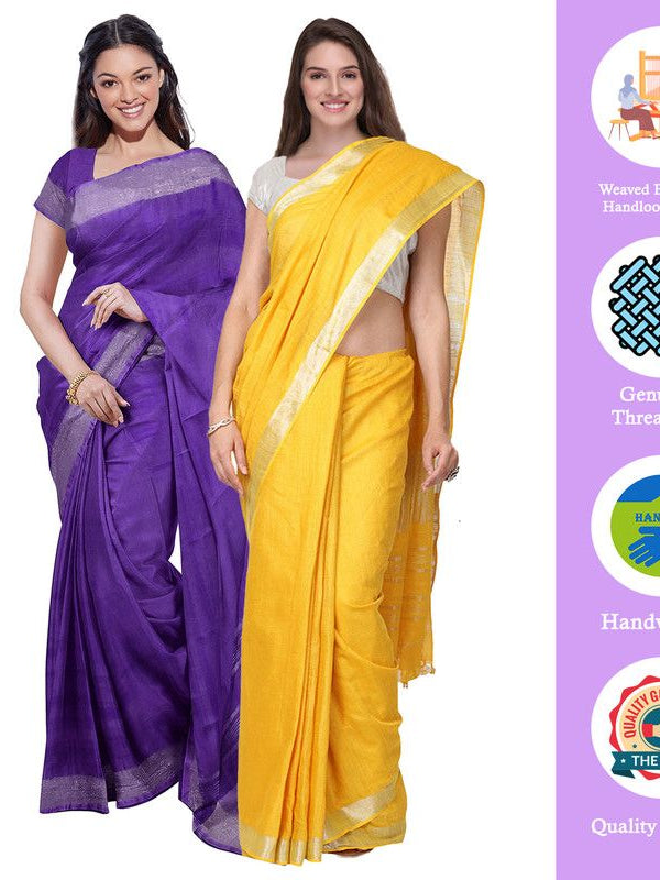 French Violet & Yellow women's Bhagalpuri Handloom Cotton-Linen Blend Saree Combo (Pack Of 2) With Running Unstiched Blouse Piece - View 2