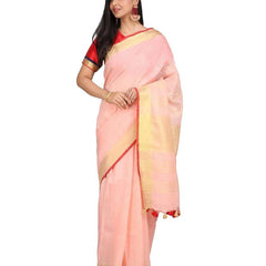 Linen Cotton Blend Contrast Handloom Bhagalpuri Saree for Women (Gold-Ecru_Pink-Red)