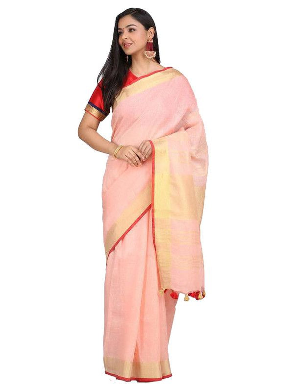 Linen Cotton Blend Contrast Handloom Bhagalpuri Saree for Women (Gold-Ecru_Pink-Red)
