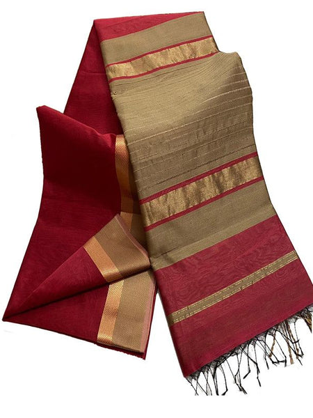 Bhagalpuri Cotton Tussar Silk Saree with Designed Border (Ruby Red)