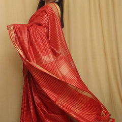 Linen Blend Handloom Bhagalpuri Check Saree with Gold Zari Border - View 2