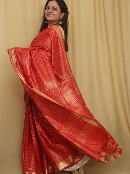 Linen Blend Handloom Bhagalpuri Check Saree with Gold Zari Border - View 2